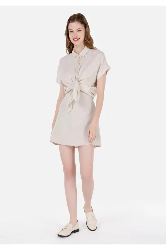 Mini Skirt Düz Fermuarlı Kadın Bej Etek - BEJ - 1