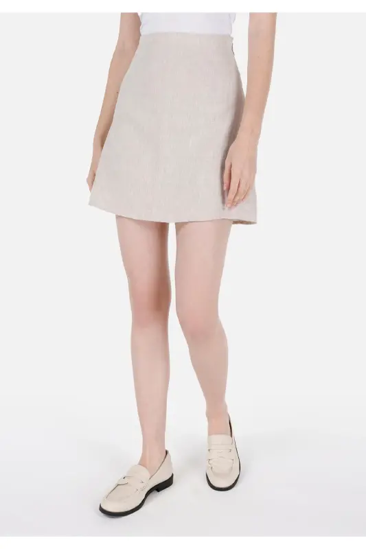 Mini Skirt Düz Fermuarlı Kadın Bej Etek - BEJ - 4