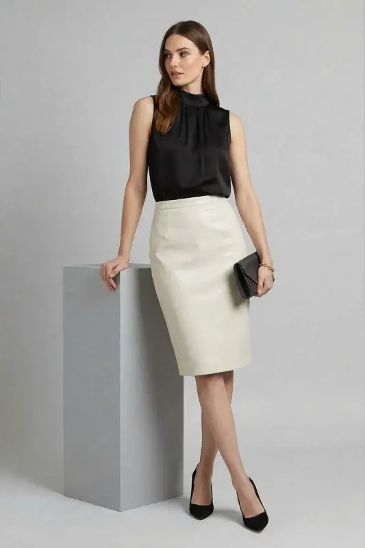 Bej Kadın Kalem Hakiki Deri Etek-BEYAZ - DERIDERIM