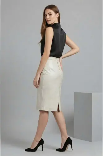 Bej Kadın Kalem Hakiki Deri Etek-BEYAZ - 3
