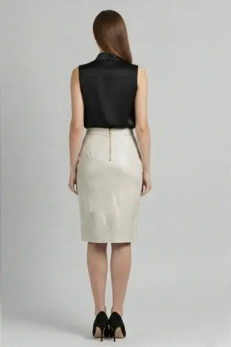 Bej Kadın Kalem Hakiki Deri Etek-BEYAZ - 4