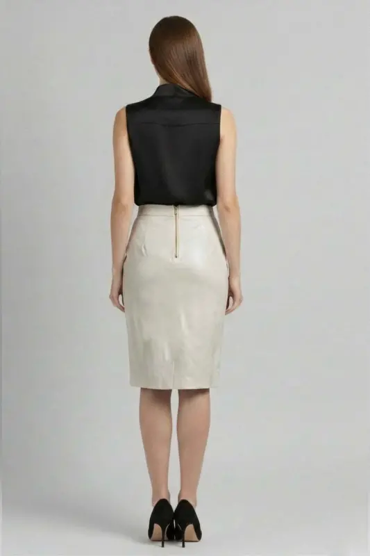 Bej Kadın Kalem Hakiki Deri Etek-BEYAZ - 4
