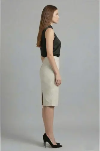 Bej Kadın Kalem Hakiki Deri Etek-BEYAZ - 5