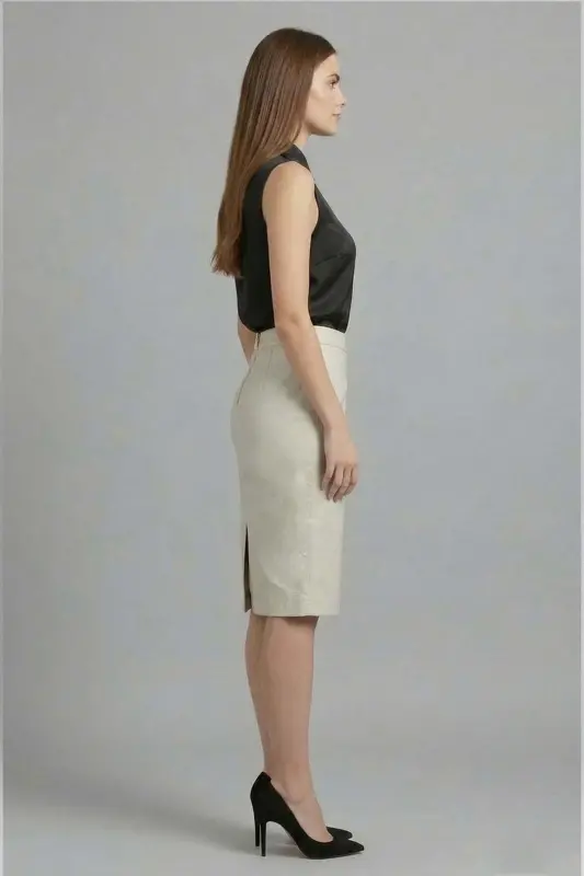 Bej Kadın Kalem Hakiki Deri Etek-BEYAZ - 5