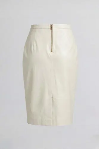 Bej Kadın Kalem Hakiki Deri Etek-BEYAZ - 6