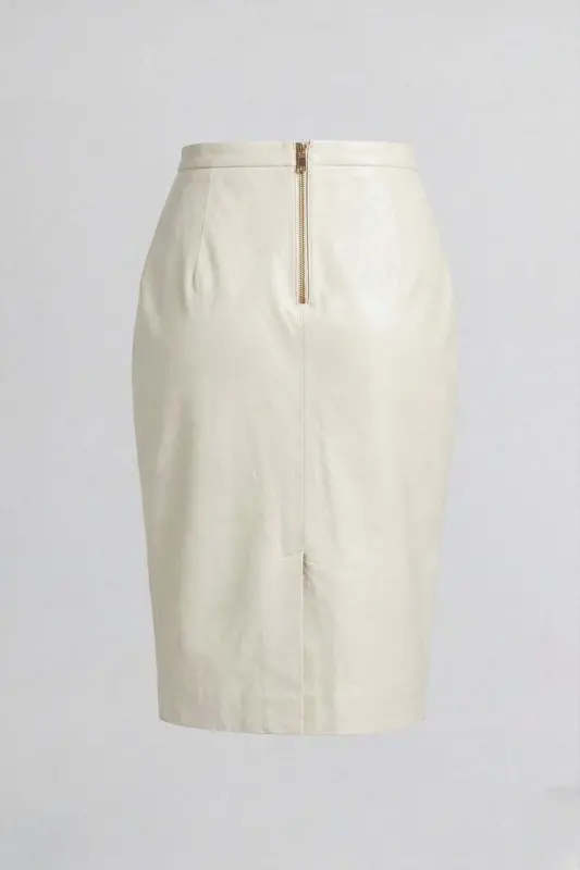 Bej Kadın Kalem Hakiki Deri Etek-BEYAZ - 6