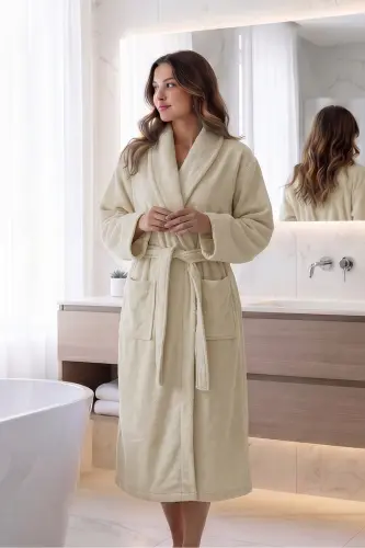 Bej Kadın/Erkek Unısex Şalyaka Ev, Otel, Spa, Banyo Bornoz Tek Parça - bej 