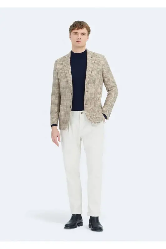 Bej Kareli Shirt Shoulder Slim Fit Yün Karışımlı Ceket-bej - 2