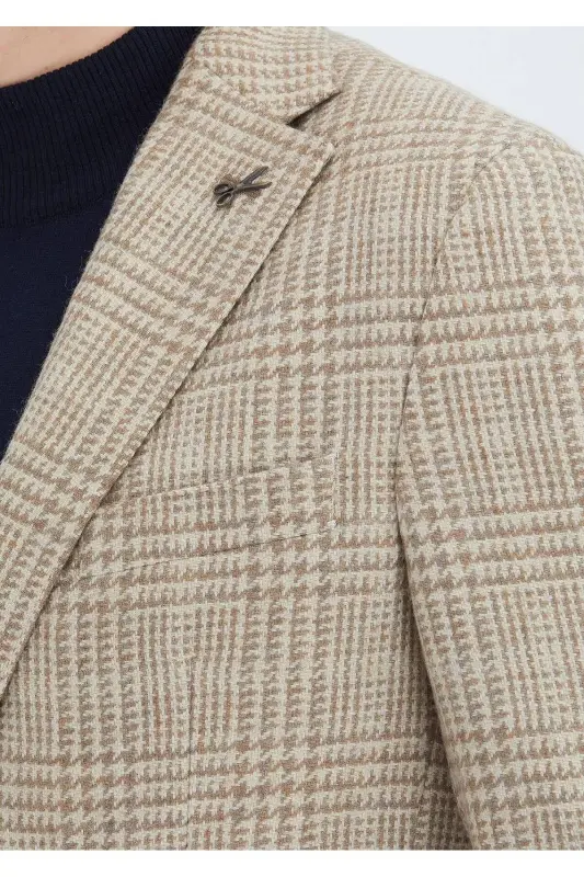 Bej Kareli Shirt Shoulder Slim Fit Yün Karışımlı Ceket-bej - 3