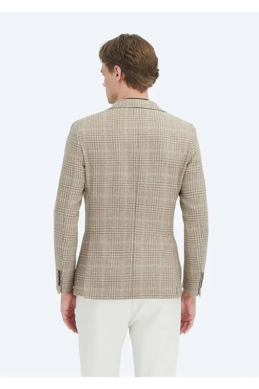 Bej Kareli Shirt Shoulder Slim Fit Yün Karışımlı Ceket-bej - 5