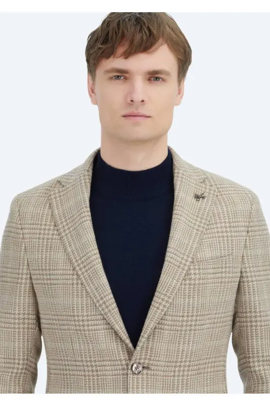 Bej Kareli Shirt Shoulder Slim Fit Yün Karışımlı Ceket-bej - 4