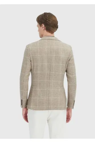 Bej Kareli Shirt Shoulder Slim Fit Yün Karışımlı Ceket - bej - 5