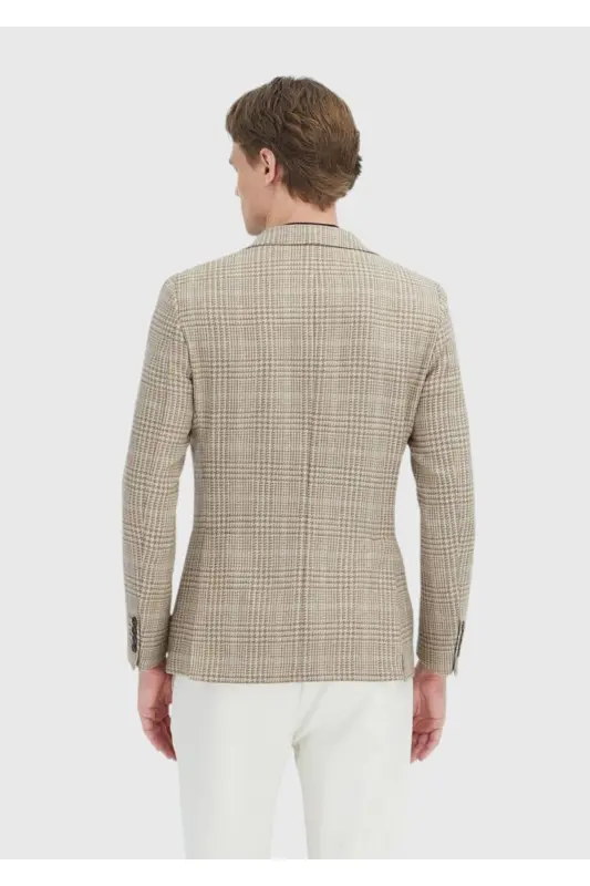 Bej Kareli Shirt Shoulder Slim Fit Yün Karışımlı Ceket - bej - 5