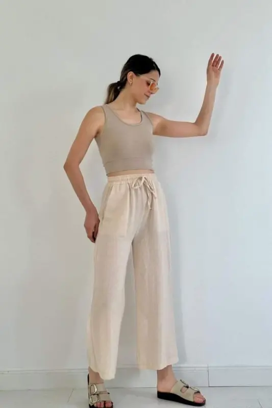 Bej Keten Pantolon - 1