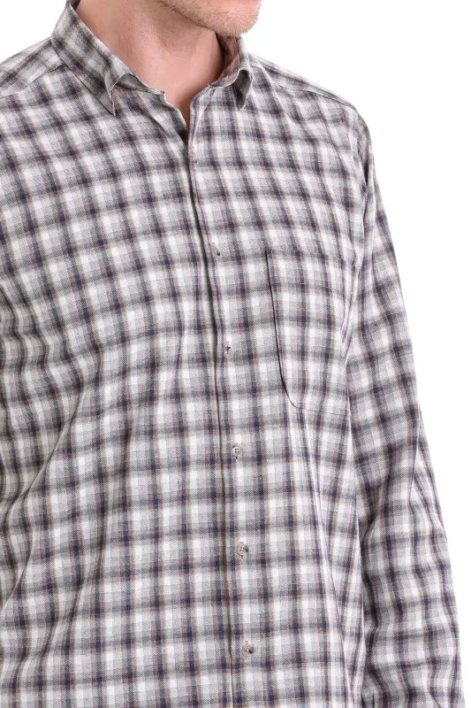Bej Klasik Fit Kareli Slim Yaka Uzun Kollu Casual Flanel Gömlek-Bej K. - 5