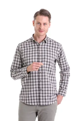 Bej Klasik Fit Kareli Slim Yaka Uzun Kollu Casual Flanel Gömlek-Bej K. 