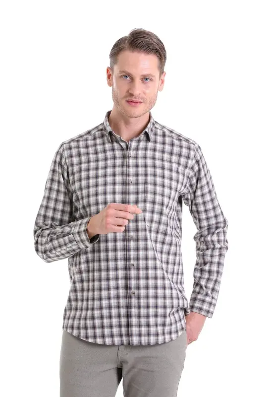 Bej Klasik Fit Kareli Slim Yaka Uzun Kollu Casual Flanel Gömlek-Bej K. - HATEMOĞLU