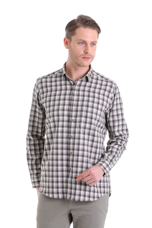 Bej Klasik Fit Kareli Slim Yaka Uzun Kollu Casual Flanel Gömlek-Bej K. - 3