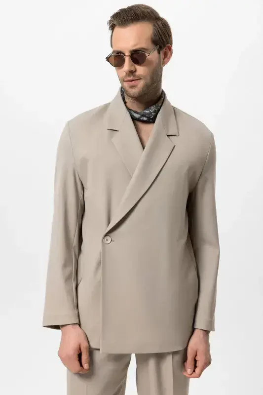 Bej Kruvaze Kapama Gizli Cep Erkak Blazer Chaket-Bej - ANTIOCH