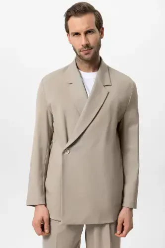 Bej Kruvaze Kapama Gizli Cep Erkak Blazer Chaket-Bej - ANTIOCH (1)