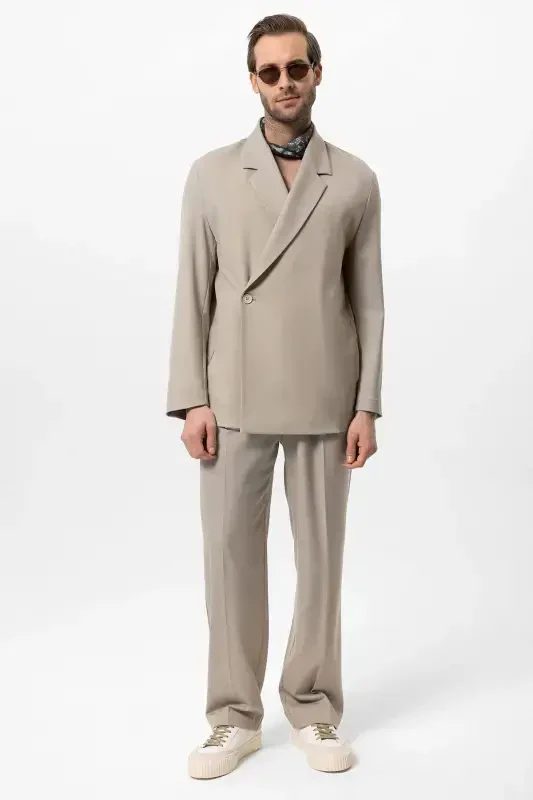 Bej Kruvaze Kapama Gizli Cep Erkak Blazer Chaket-Bej - 3