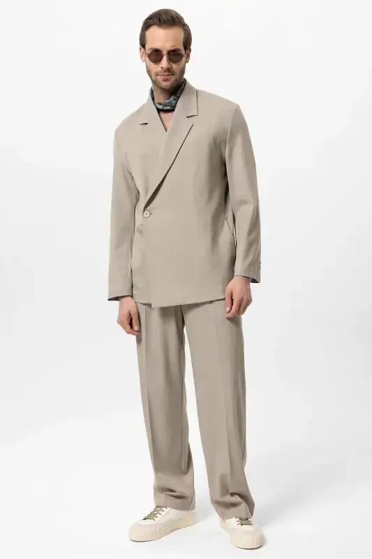 Bej Kruvaze Kapama Gizli Cep Erkak Blazer Chaket-Bej - 4