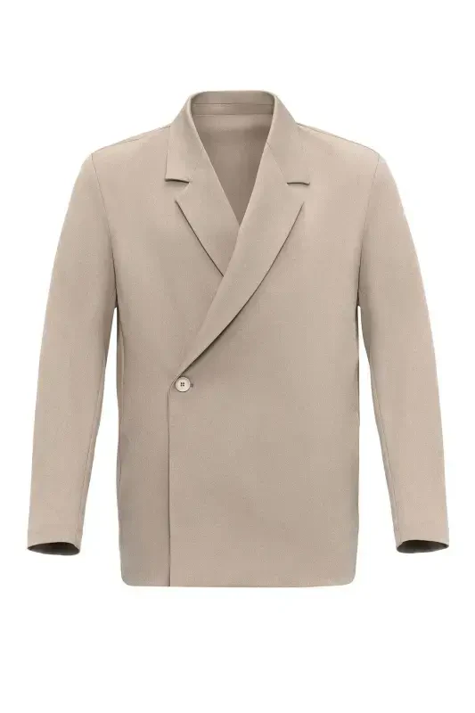 Bej Kruvaze Kapama Gizli Cep Erkak Blazer Chaket-Bej - 7