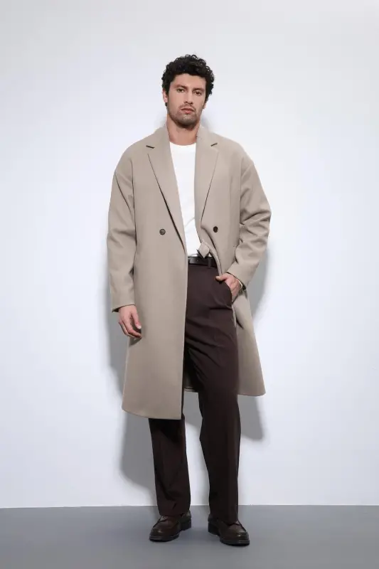 Bej Kuşaklı Oversize Erkek Kaban-Bej - 2
