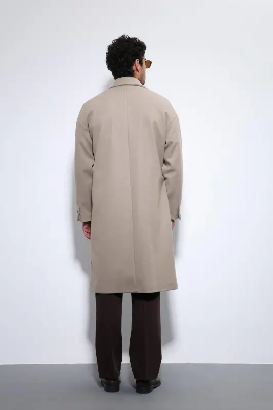 Bej Kuşaklı Oversize Erkek Kaban-Bej - 6