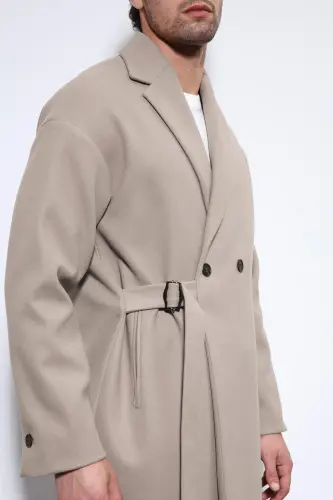 Bej Kuşaklı Oversize Erkek Kaban-Bej - 5