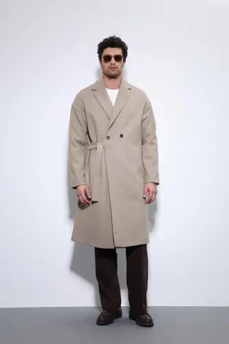 Bej Kuşaklı Oversize Erkek Kaban - Bej - 3