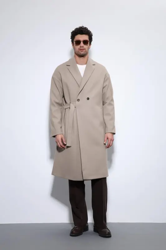 Bej Kuşaklı Oversize Erkek Kaban - Bej - 3