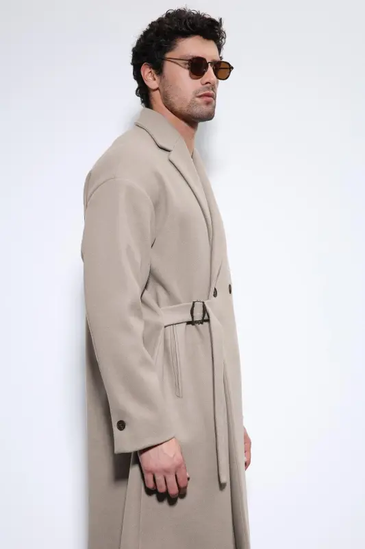 Bej Kuşaklı Oversize Erkek Kaban - Bej - 4