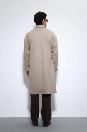 Bej Kuşaklı Oversize Erkek Kaban - Bej - 6