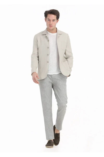 Bej Mikro Ko'ylak Yelkali Slim Fit %100 Zig'ir Pidjak - Modazone