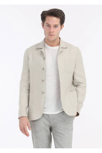 Bej Mikro Ko'ylak Yelkali Slim Fit %100 Zig'ir Pidjak - Modazone (1)