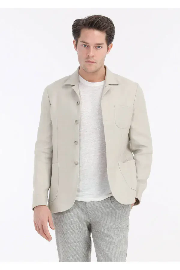 Bej Mikro Ko'ylak Yelkali Slim Fit %100 Zig'ir Pidjak - 2