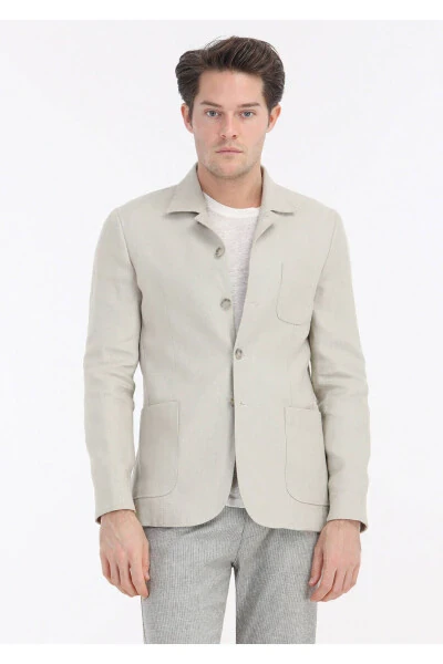 Bej Mikro Ko'ylak Yelkali Slim Fit %100 Zig'ir Pidjak - 3