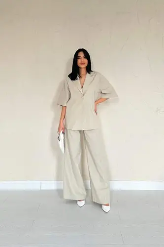 Bej Önü Tek Düğmeli Ceket Pantolon Takım - 2