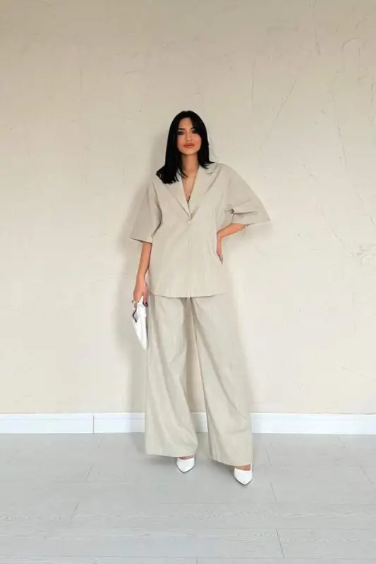 Bej Önü Tek Düğmeli Ceket Pantolon Takım - 2