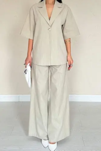 Bej Önü Tek Düğmeli Ceket Pantolon Takım - 3