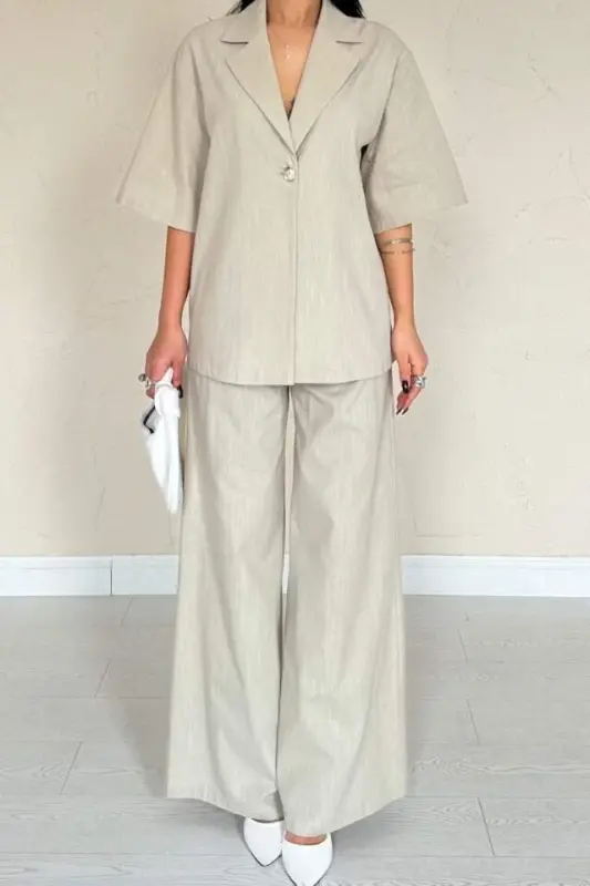 Bej Önü Tek Düğmeli Ceket Pantolon Takım - 3