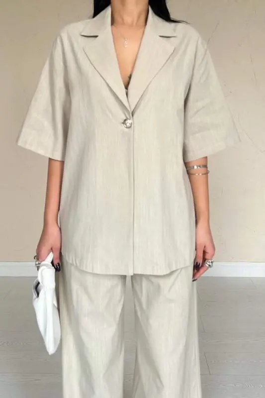 Bej Önü Tek Düğmeli Ceket Pantolon Takım - 4