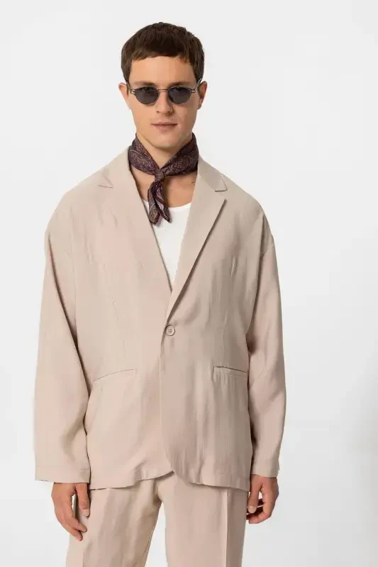 Bej Oversize Astarsız Erkak Blazer Ko'ylagi-Bej - 1