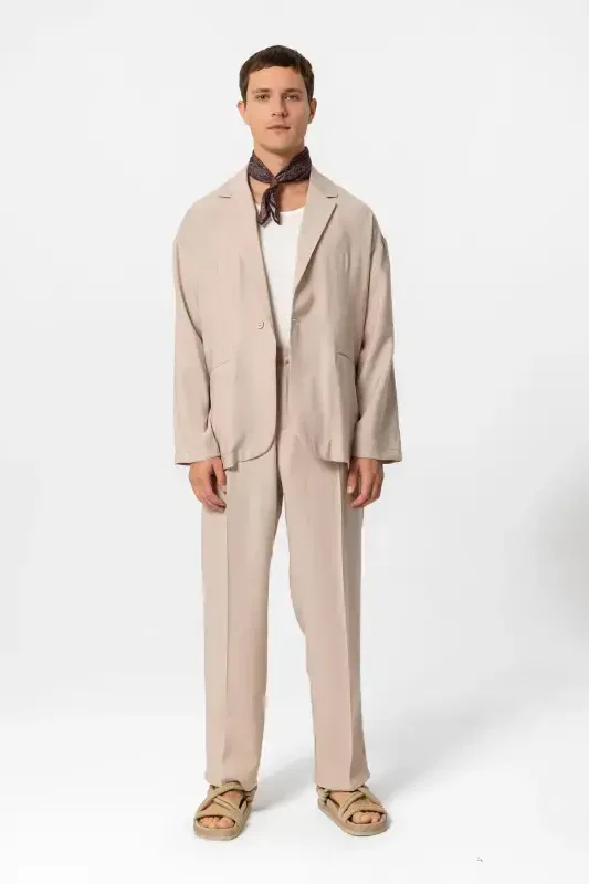 Bej Oversize Astarsız Erkak Blazer Ko'ylagi-Bej - 6