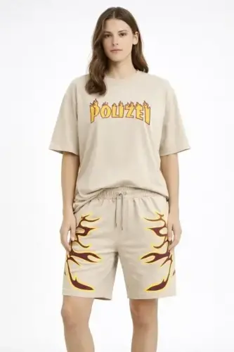 Bej Oversize Baskılı Tişört Şort Takım Cepli Şort Yazlık Rahat Günlük Kombin - Bej - 1