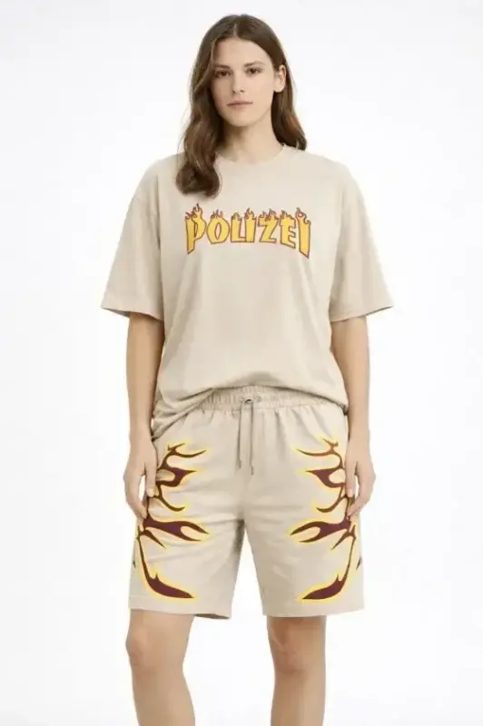 Bej Oversize Baskılı Tişört Şort Takım Cepli Şort Yazlık Rahat Günlük Kombin - Bej - 1