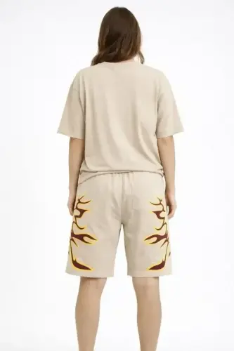 Bej Oversize Baskılı Tişört Şort Takım Cepli Şort Yazlık Rahat Günlük Kombin - Bej - 2