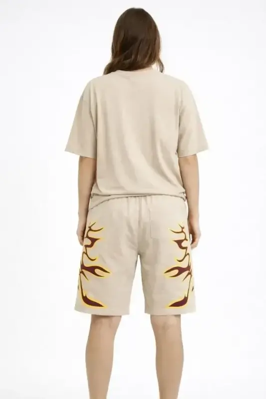 Bej Oversize Baskılı Tişört Şort Takım Cepli Şort Yazlık Rahat Günlük Kombin - Bej - 2