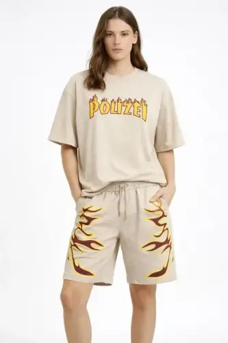 Bej Oversize Baskılı Tişört Şort Takım Cepli Şort Yazlık Rahat Günlük Kombin - Bej - 3